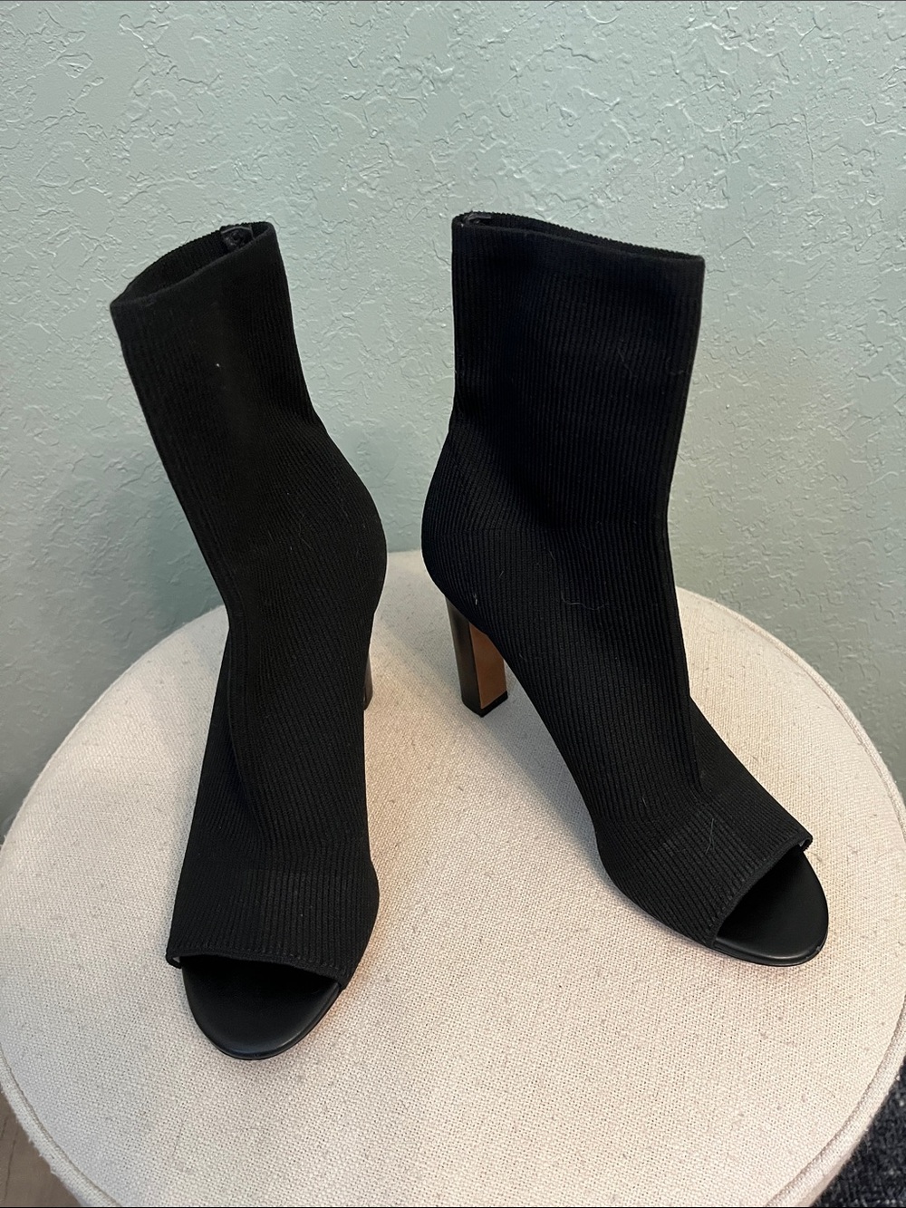 Vince Black Peep-Toe Sock Ankle Boots